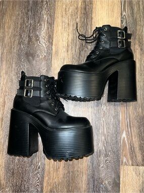 Forever 21 Black Platform Lace-Up Ankle Boots with Buckle Straps